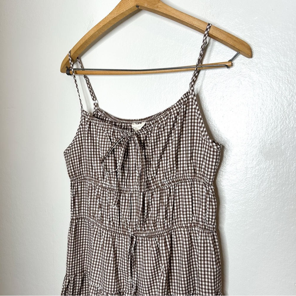 Sim & Sam Brown Gingham Plaid Sleeveless Tiered Midi Dress Large Cottagecore L - Picture 2 of 9